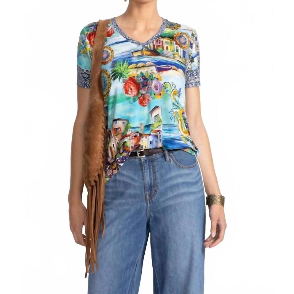 Johnny Was Multicolor Scenic Floral V-Neck Short Sleeve Tee NWT